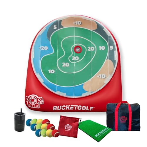 BucketGolf Pop-n-Pitch Inflatable Golf Target Game – Portable Golf Practice Mat with Movable Bullseye, Lightweight and Easy Setup for Backyard or Garage