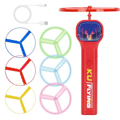 Rechargeable Disc Launcher with 6 Flying Spinners for Outdoor Activities Game White Elephant Gift Fidget Toys (Red) - color: Red
