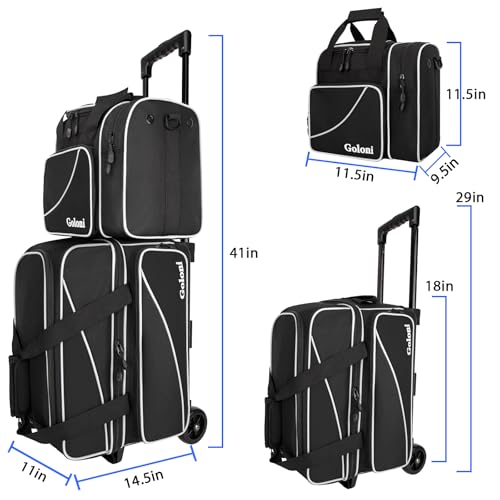 Goloni 3 Ball Bowling Bag with Wheels, 2+1 Double Roller Bowling Bag with Shoe Compartment,Tote Bag for Bowling Accessories - color: 3 Ball-Black