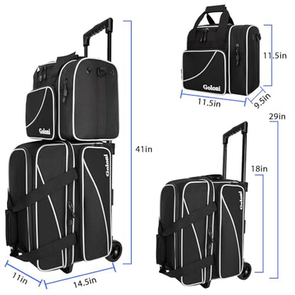 Goloni 3 Ball Bowling Bag with Wheels, 2+1 Double Roller Bowling Bag with Shoe Compartment,Tote Bag for Bowling Accessories - color: 3 Ball-Black