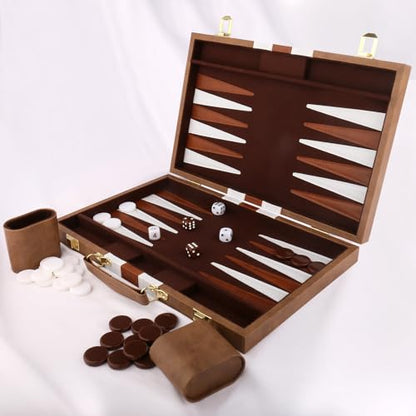 Backgammon Set - Classic Board Game with Premium Leather Case - Portable Travel Strategy Backgammon Game Set for Adults, Kids (15inch, Khaki) - color: Khaki, style: 15inch