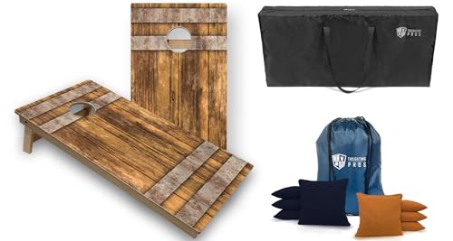Tailgating Pros Cornhole Boards - 4'x2' Tournament Grade Wood Pattern Cornhole Game w/Carrying Case & Set of 8 Corn Hole Bean Bags w/Tote - color: 4'x2' Wooden Barrel