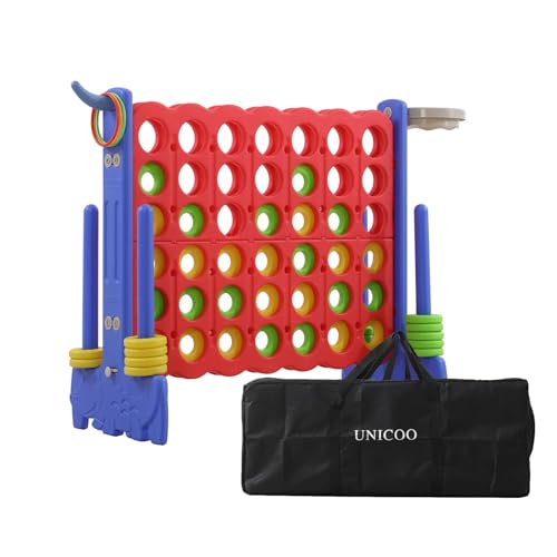 UNICOO Giant 4-in-a-Row Game with Carry Bag, 3-in-1 Jumbo 4-to-Score Outdoor Yard Game with Basketball Hoop, Ring Toss, Quick-Release Slider, 42 Rings, Family Party Game for Kids & Adults - color: Blue & Red
