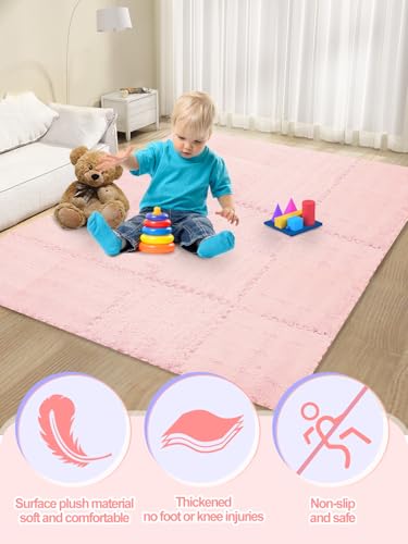 ANPHSIN 12 pcs Thickened Foam Interlocking Floor Mats, Fluffy Plush Mats for Baby with Edgings, Soft Anti-Slip Puzzle Area Rug Playmat, Square Tiles Room Flat (11.8 in, Pink) - color: Pink