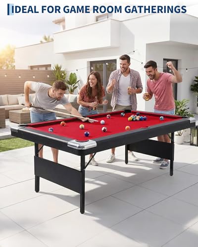 6,7 Foot Foldable Pool Table, Portable Billiards Table with Full Accessories Set, No Assembly, Metal k-Shaped Legs, Includes 16 Balls, 2 Cue Sticks, Chalk, Rack & Brush, Game Room Table for Home, Apar - size: Red-7FT