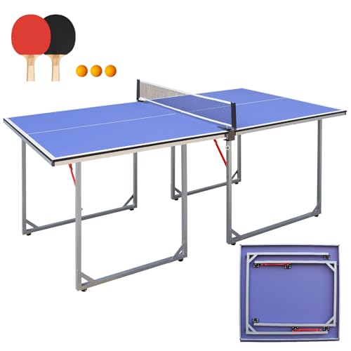 4.5/6ft/9ft Mid-Size Portable Ping Pong Tables Set, Foldable Table Tennis Table with Net,2 Paddles & 3 Balls, Multi-Use Free Standing Ping Pong Table for Indoor/Outdoor - color: Blue-White, size: 6FT