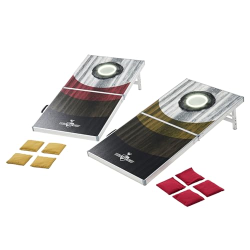 Backyard Hero 4 ft x 2 ft Cornhole Set with LED Light Up Ring, Aluminum Frame, Water Resistant Boards, 8 ACA Bean Bags, and Portable Folding Design - color: Led Aluminum