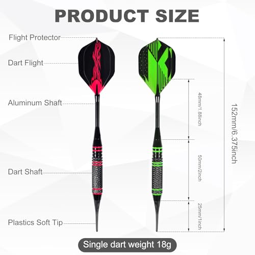 Darts Plastic Tip, Professional Soft Dart Tip Set, 12Pcs 18Gram with 120 Extra Tips, 6 One-Piece Dart Wings, Flight Protector, Tool Wrench, Storage Case, Plastic Darts for Electronic Dart Board