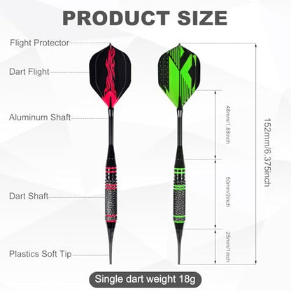 Darts Plastic Tip, Professional Soft Dart Tip Set, 12Pcs 18Gram with 120 Extra Tips, 6 One-Piece Dart Wings, Flight Protector, Tool Wrench, Storage Case, Plastic Darts for Electronic Dart Board