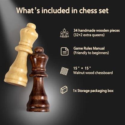 Chess Set Board Games for Adults: Handmade Walnut Wooden 15" 2 Extra Queens Folding Portable Travel Chess Game, Gift idea, Pieces Storage Slots,Instructions - color: Walnut Texture