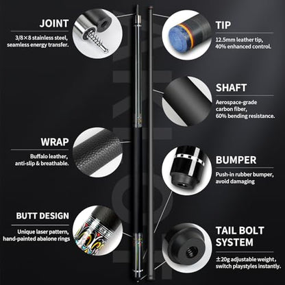 AKLOT Carbon Fiber Pool Cue Stick 58", Billiard Cue Sticks 19-19.5oz, Low Deflection Billiard Stick with 12.5mm Tip, Professional Carbon Fiber Pool Sticks for Adults - color: Yellow