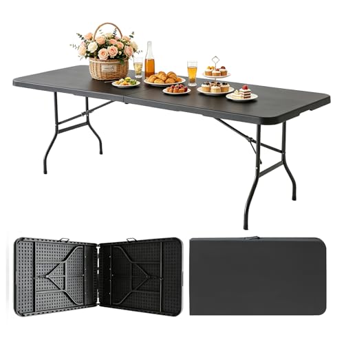 Portable Plastic Folding Table 4ft/6ft/8ft Heavy Duty White Black Picnic Dining Table Fold-in-Half for Camp Party Kitchen Indoor Outdoor - color: Black, size: 8FT