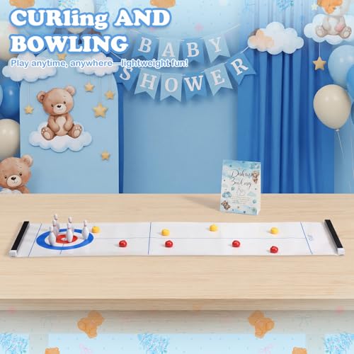 Capoda Tabletop Curling and Bowling Games Baby Shower Game Set Include 8 Curling 6 Bowling 1 Mat 2 Magnetic Strip for Indoor Birthday Bridal Shower Gender Reveal Table Decoration Supplies(Blue Bear) - style: Blue Bear