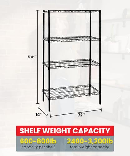 Quantum Storage Systems WR54-1472BK Wire Shelving Starter Kit, 72" W x 14" D x 54" H, 600 lbs Capacity, Carbon Steel, Epoxy Coated, Black, NSF - color: Black Epoxy, size: 54H x 72W x 14D