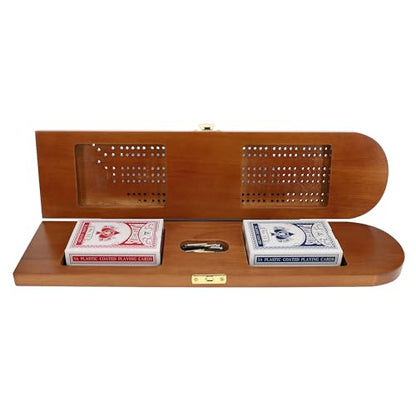 Pacific Shore Games Wooden Cribbage Board Game Set, Walnut Stained Continuous 3 Track for 2-3 Players, Card Storage - color: Walnut