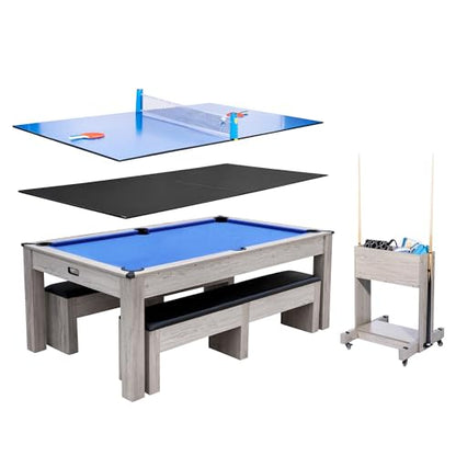 7FT 3-in-1 Convertible Pool Table for Home & Game Rooms – Billiard, Dining, and Table Tennis Combo – Includes Cue Sticks, Balls, Table Tennis Accessories, and Rolling Storage Cart – - color: Blue