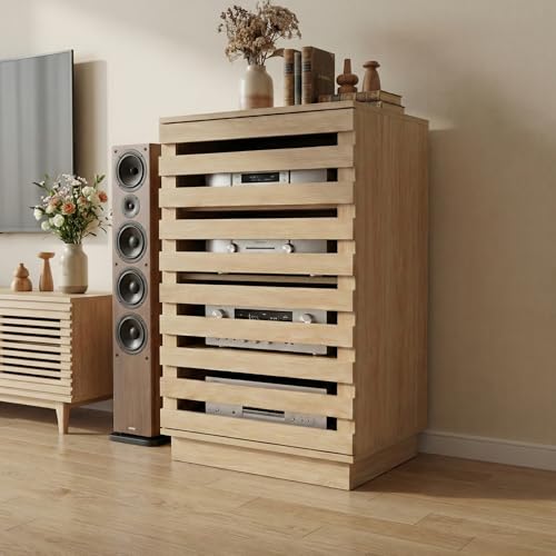 holzart Modern Slatted Wood Audio Component Cabinet, 4-Tier Stereo Equipment Rack Media Stand with Ventilated Door & Cable Management, Oak Finish 35.4" Tall