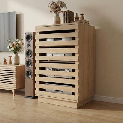 holzart Modern Slatted Wood Audio Component Cabinet, 4-Tier Stereo Equipment Rack Media Stand with Ventilated Door & Cable Management, Oak Finish 35.4" Tall