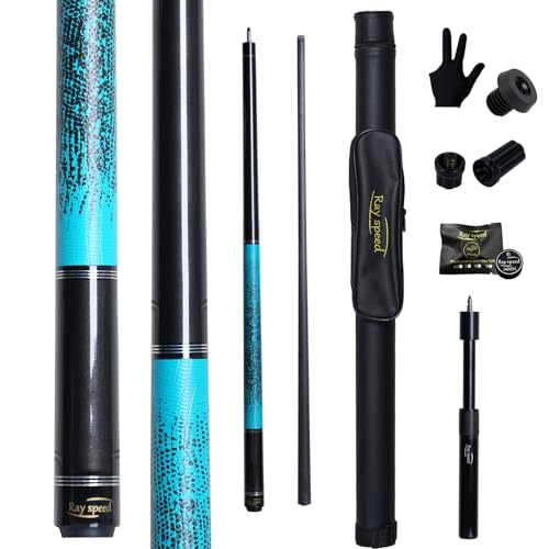 Carbon Fiber Pool Cue Stick 12.5mm Rainbow Tip Low Deflection Pool Stick with Uni-loc Pin Joint and Extension Pool Stick-20 oz - color: Blue