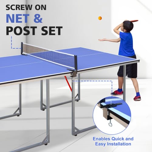 Table Tennis Table Mid-Size, Foldable Ping Pong Table Top Full Size with 2 Paddles, 2 Balls, 1 Net & 4 Wheels, Folding Table Tennis for Indoor & Outdoor, Quick Assembly to Support Multiplayer - size: 6ft
