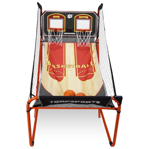 Foldable Indoor Basketball Arcade Game with Steel Frame Indoor Double Electronic Basketball Machine with 5 Size 7 Inch Balls for 2 Players Basement Game Rooms