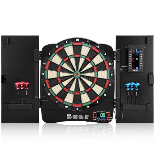 Electronic Dartboard Cabinet, Digital Soft Tip Dartboards with LED Scoreboard, Dart Board Set with 40 Games 420 Variants, 6 Darts, 100 Tips