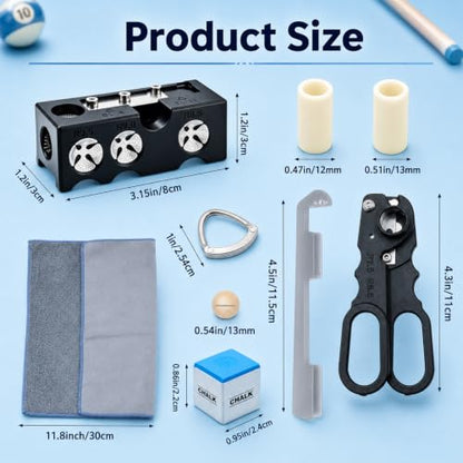 Pool Cue Tips Replacement Kit, 13mm Pool Stick Tips Replacement Kit Billiards Cue Tips Shaper Tools, Pool Cue Replacement Tips Repair Kit Billiard Pool Accessories - style: 11 in 1 shaper tool