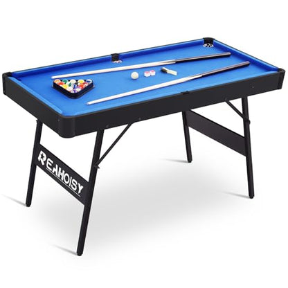 Folding Pool Table, Portable Billiard Game Tables for Kids and Adults, Mini Pool Table with Locking Legs, Adjustable Feet, Balls, Cues, Triangle, Chalk, Brush - color: 54-inch/Blue & Black