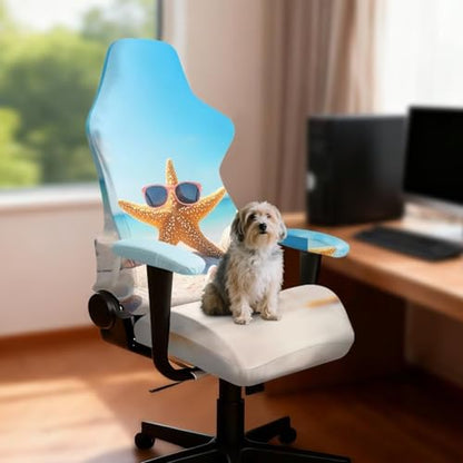 Stretchable Universal Computer Chair Cover with Armrest Covers Beach Starfish Theme Armchair Slipcovers High Back Rotating Gaming Chair Covers Protector 4PCS Package with Easy Installation - color: Beach Starfish