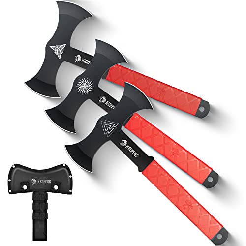 NedFoss Throwing Axes and Tomahawks with Innovative TPR Rubber Handle, 11.9" Full Tang Double Bit Throwing Axe Set with Sheath, Viking Axe Throwing Game for Recreation and Competition - color: Throwing Axes - RW