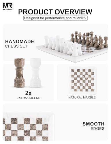 Marble Chess Set 12" Inches White and Oceanic with Storage Box and 2 Extra Queen Handmade Luxury Board Games for Adults, Ideal Chess Board Game & Marble Chess Set for Adults - color: White & Oceanic