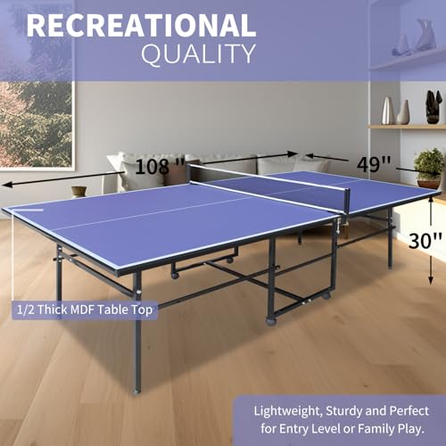 9×4.1ft Blue Professional MDF Indoor Table Tennis Table with Quick Clamp Ping Pong Net with Two Rackets and Three Balls-Blue