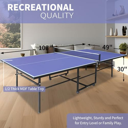 9×4.1ft Blue Professional MDF Indoor Table Tennis Table with Quick Clamp Ping Pong Net with Two Rackets and Three Balls-Blue