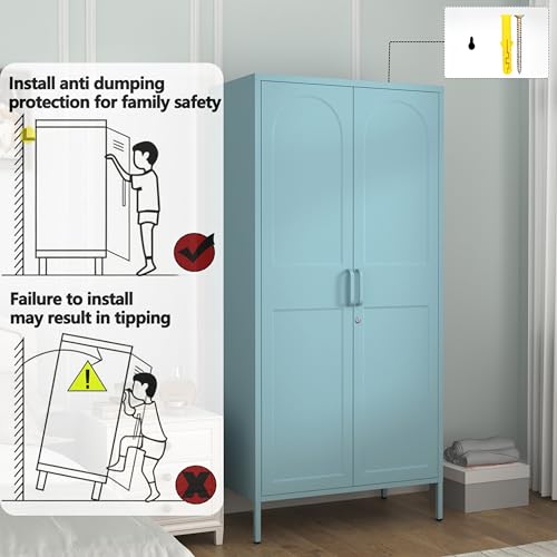 Lockable Metal Wardrobe Closet with Hanging Rod and 3 Adjustable Shelves,67" Metal Storage Cabinet with 2 Doors,Steel Armoire Wardrobe Closet for Bedroom Living Room Cloak Room (Blue) - color: Blue, style: 67"H-Wardrobe-DY