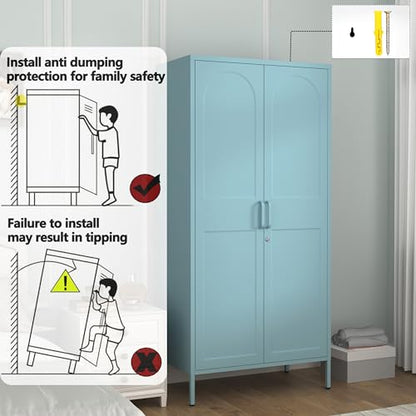 Lockable Metal Wardrobe Closet with Hanging Rod and 3 Adjustable Shelves,67" Metal Storage Cabinet with 2 Doors,Steel Armoire Wardrobe Closet for Bedroom Living Room Cloak Room (Blue) - color: Blue, style: 67"H-Wardrobe-DY