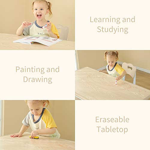Kids Table and 4 Chairs Set, Children Study Desk, Dining Table, Height Adjustable Plastic Desk Painting Desktop Toddler Furniture for Boys and Girls (Burlywood-Wood Grain) (Burlywood-Wood Grain) - color: Burlywood-wood Grain