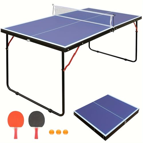 4.5FT/6FT/9FT Ping Pong Table Foldable, MDF Multi-Use Portable Table Tennis Table with Net, Paddles & Balls for Kids Teens Adults Indoor/Outdoor Game - Quick Assembly - color: Blue-54" x 30", size: 4.5FT-54" x 30"