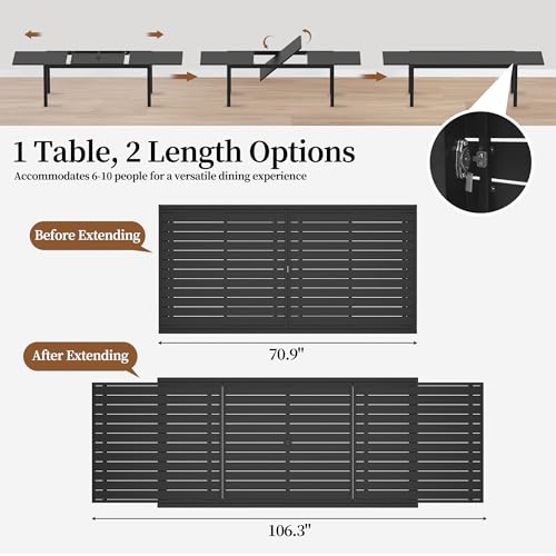 PIZZELLO 7 Pieces Outdoor Dining Set, 106" Extendable Aluminum Patio Dining Table w/ 6Pcs HDPE Patio Chairs, All Weather Outdoor Table and Chairs Sets for Backyard, Garden and Deck - size: 106"Table + 6 HDPE Chairs