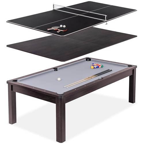 GoSports 3 in 1 Pool, Dining, & Table Tennis Combo Table and Storage Benches - 7 ft or 8 ft - Convertible Billiards and Table Tennis with Accessories - color: 8 ft Dark Oak Table