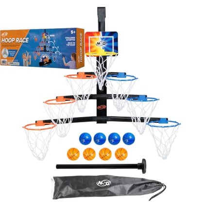 NSG Over The Door Basketball Hoop - Adjustable Height 7 Hoop Race Pyramid with 8 Mini Foam Balls & Carry Bag, Wall-Mounted, Easy Setup, Kids Indoor/Outdoor Game for Ages 5+ Years - style: Hoop Race