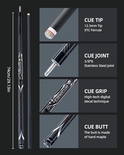 CRICAL COWCUE 58-Inch Carbon Fiber Pool Cue, Low Deflection, 12.5mm Tip | Adjustable pool cue with 3/8x8 joint for stable control, regular billiards practice and pool hall play. - color: CW-02
