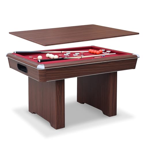 Hathaway Renegade II 54-in Bumper Pool Table for Game Room – 3 in 1 Game Table with Reversible Top & Ball Return System – Includes Cues, Balls, Chalk, Brush & Cards – Red Felt with Walnut Finish