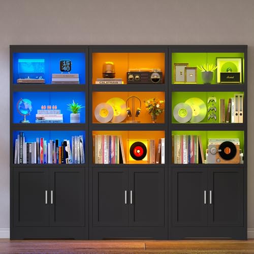 Book Shelf and Bookcase with Doors, 5-Tier Display Storage Cabinet with Adjustable Shelves, Open Compartments, Remote Control LED Lights, Tall cabinet for Bathroom Kitchen Living Room, Home Office - color: Black-01