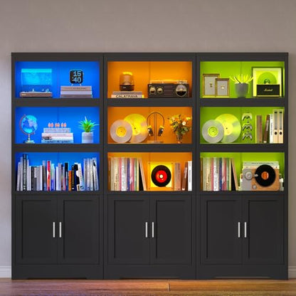 Book Shelf and Bookcase with Doors, 5-Tier Display Storage Cabinet with Adjustable Shelves, Open Compartments, Remote Control LED Lights, Tall cabinet for Bathroom Kitchen Living Room, Home Office - color: Black-01