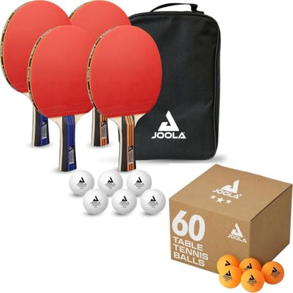 JOOLA Advanced Table Tennis Set Bundle – Includes 4 Premium Ping Pong Paddles, 6 3-Star Balls, and Carrying Case – Perfect for Competitive Play, + Bonus 60-Pack of 40+mm Orange JOOLA Training Balls