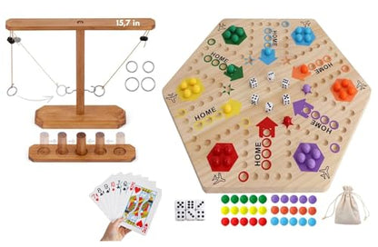 Wooden Wahoo Marble Board Game (20 INCH), Double-Sided, for 2-6 Players, with 24 Marbles and 6 dice. Also Includes Ring Toss, Wooden Hook and Ring Gameand Premium Playing Cards.