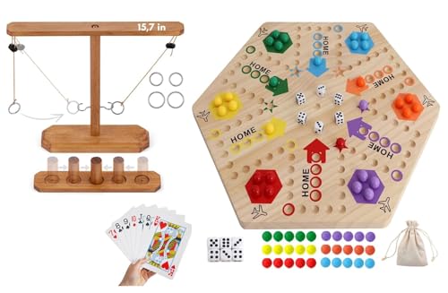 Wooden Wahoo Marble Board Game (20 INCH), Double-Sided, for 2-6 Players, with 24 Marbles and 6 dice. Also Includes Ring Toss, Wooden Hook and Ring Gameand Premium Playing Cards.