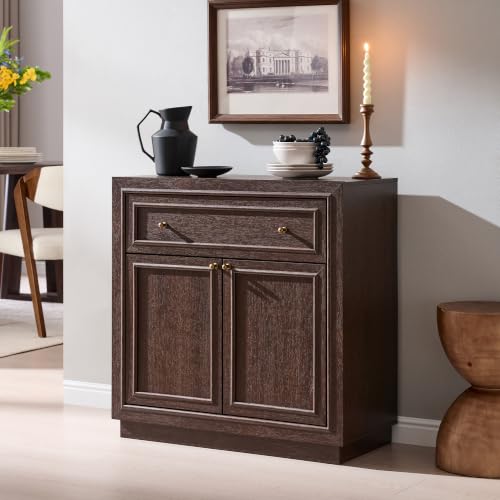 ACCOHOHO Modern Farmhouse Buffet Cabinet, 31.5" Sideboard Credenza, Modular Storage Cabinet with Framed Panel Fronts, Adjustable Shelves & Dual Base Design, Natural Walnut - color: Natural Walnut, size: 1 Piece