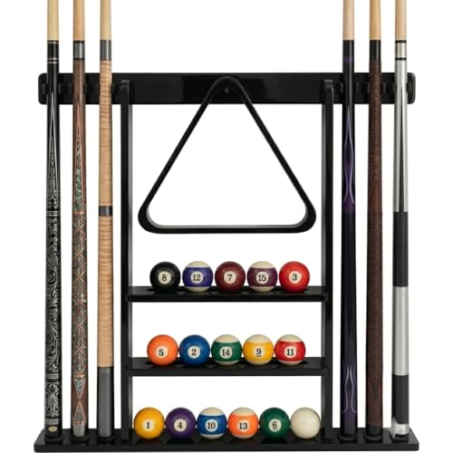 SUPERDIAMOND 6 Holes Wall Mounted Pool Cue Rack, Wood Billiard Stick Holder Holds 6 Cues for Pool Table Accessories, Heavy-Duty Billiards Storage Rack Stand Display for Game Room,Black - size: 6 Cues, style: SU-wa6-Cue Racks-black
