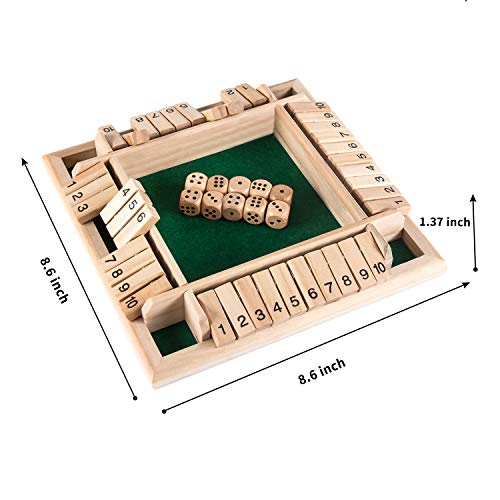 AMEROUS 1-4 Players Shut The Box Dice Game,Classic 4 Sided Wooden Board Game with 10 Dice and Instructions for Kids Adults, Tabletop Version - size: 8.66 inches